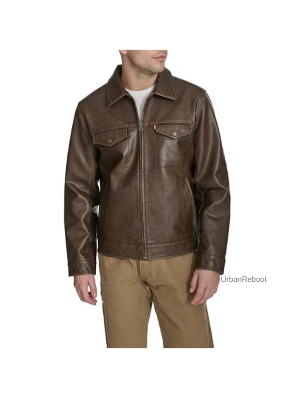 Faux Leather Modern Trucker Jacket Zip Snap Pockets Laydown Collar